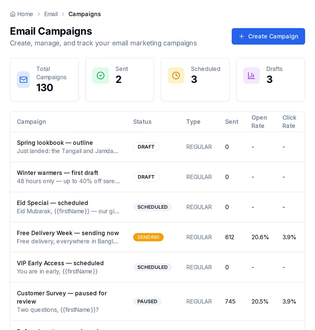QuickGrow Email Campaigns list: 130 total campaigns with counts for sent, scheduled and drafts, and rows tagged DRAFT, SCHEDULED, SENDING and PAUSED showing sent counts, open rates and click rates.