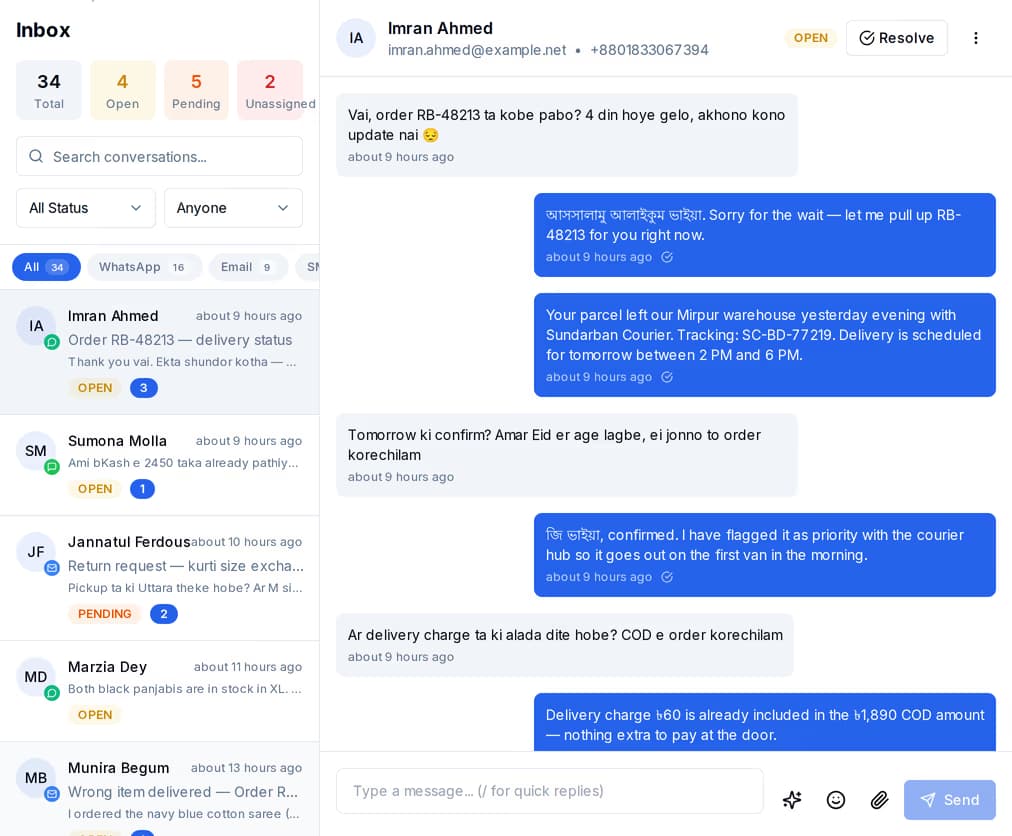 The shared inbox: a conversation list with WhatsApp, Email and SMS threads side by side, beside an open WhatsApp order-tracking chat.