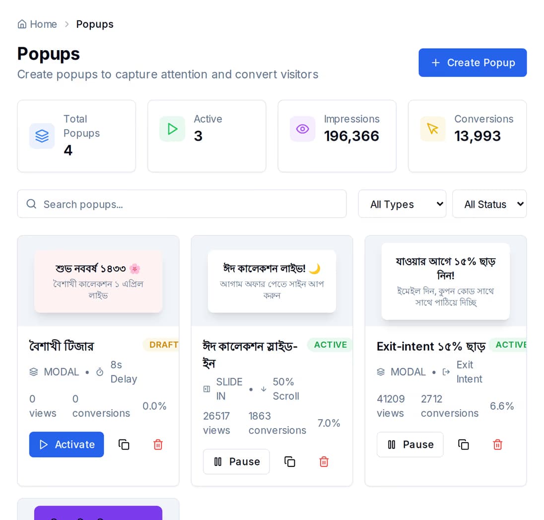 The popups list, showing each popup with the impressions, conversions and conversion rate it has earned.
